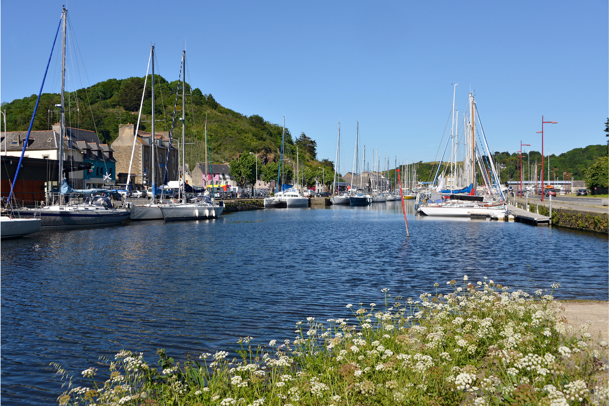 Port avec voiliers amarrés et collines verdoyantes en arrière-plan