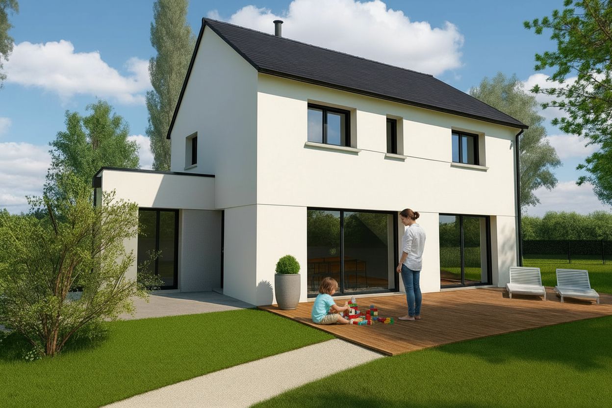 Façade arrière d’une maison moderne avec terrasse et jardin