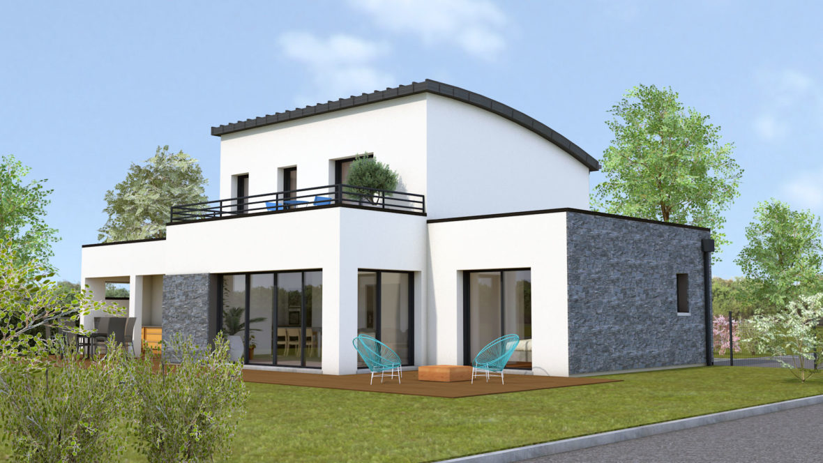 Maison moderne à deux niveaux avec toiture monopente, grandes baies vitrées et terrasse