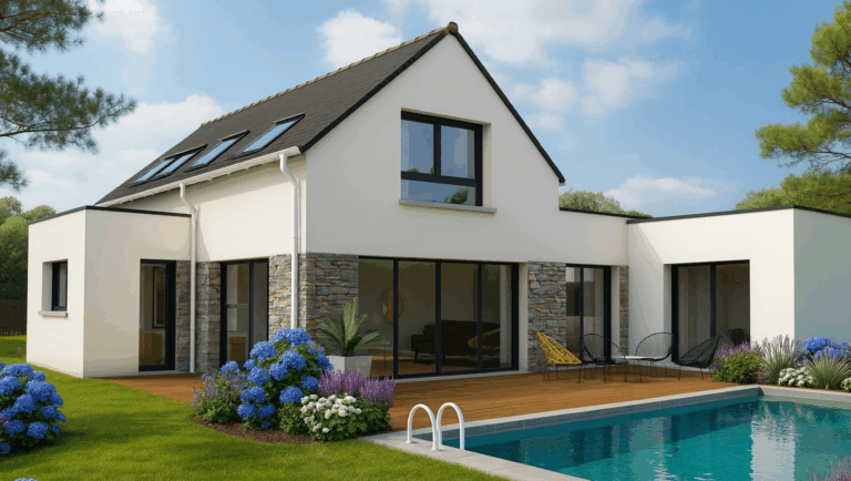 Façade arrière d’une maison parement en pierre avec terrasse et grandes baies vitrées