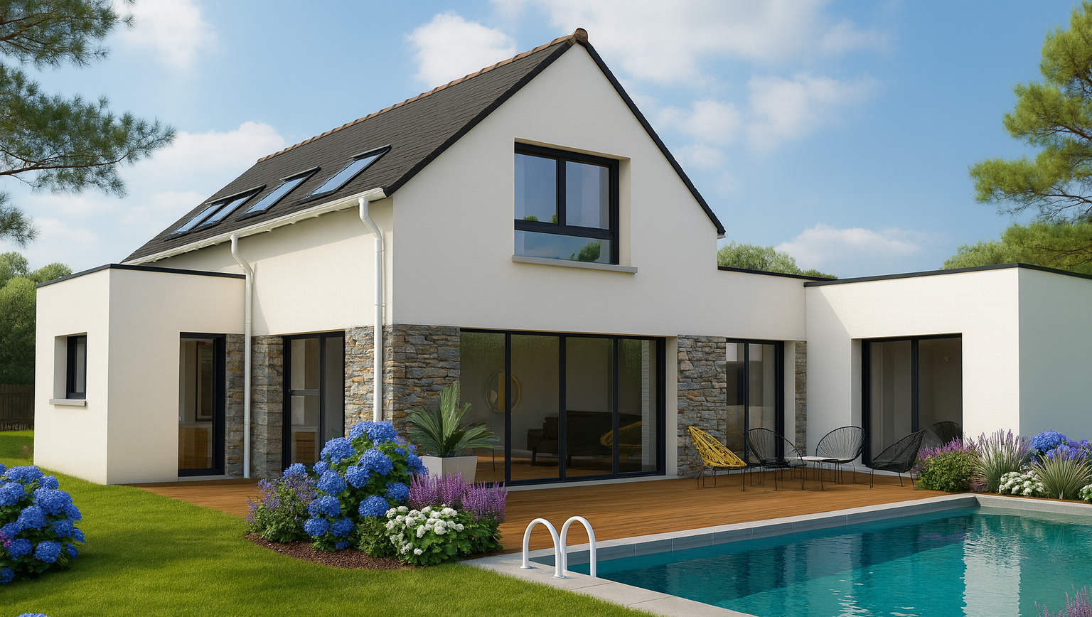 Façade arrière d’une maison parement en pierre avec terrasse et grandes baies vitrées