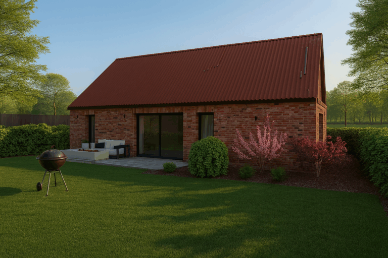 Façade arrière d’une maison en briques avec terrasse et jardin arboré
