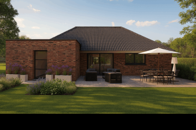 Façade arrière d’une maison en brique de plain-pied contemporaine avec terrasse et grandes baies vitrées