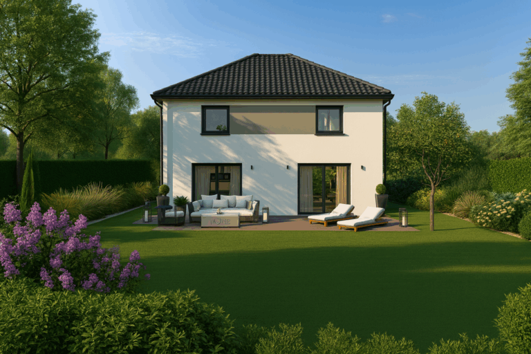 Façade arrière d’une maison familiale à étage avec terrasse et grand jardin