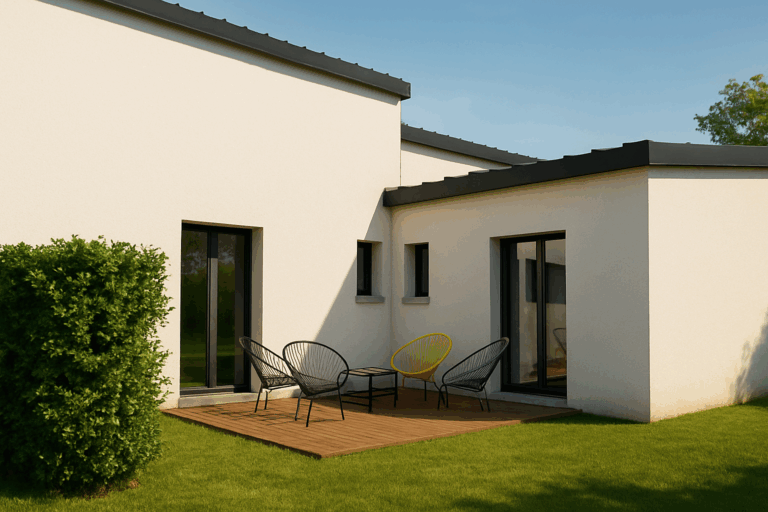 Arrière d’une maison de plain-pied avec terrasse, baies vitrées, façade blanche et toiture sombre.
