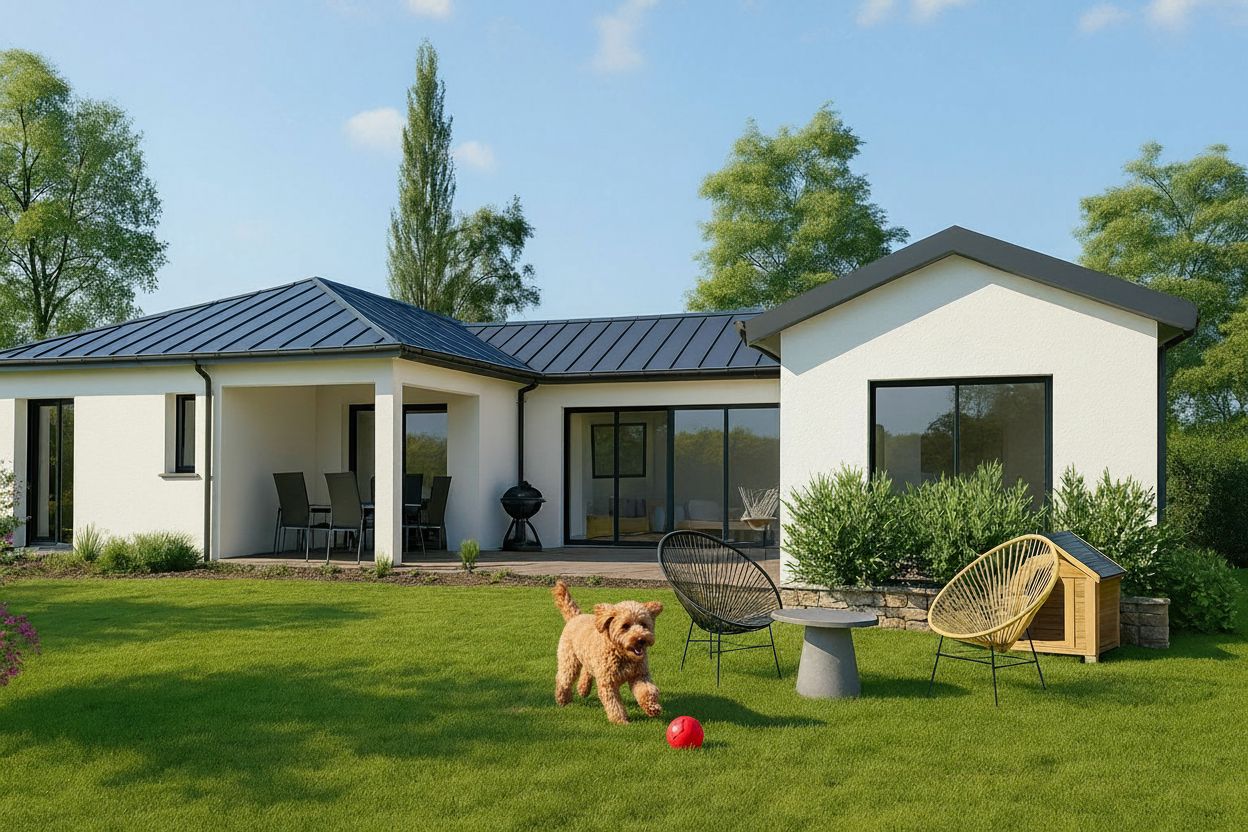 Maison de plain-pied avec toiture en tuiles noires, terrasse couverte, baies vitrées et jardin arboré avec pelouse.