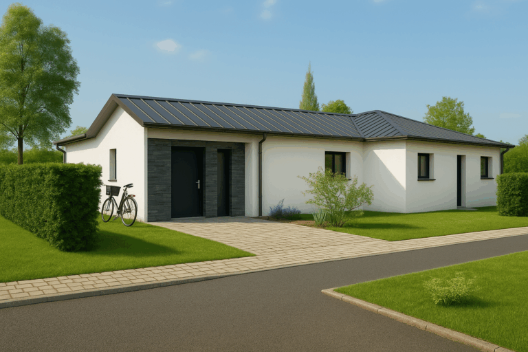 Maison de plain-pied avec garage intégré, toiture en tuiles noires, façade blanche et allée pavée donnant sur un jardin arboré.