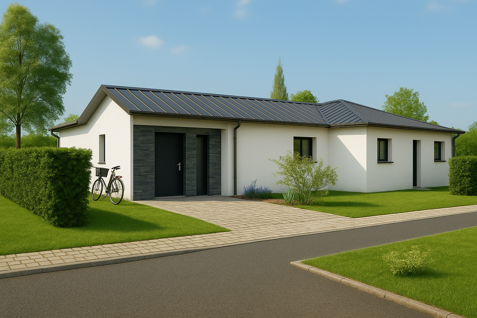 Maison de plain-pied avec garage intégré, toiture en tuiles noires, façade blanche et allée pavée donnant sur un jardin arboré.
