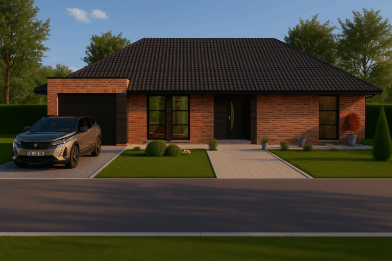 Façade avant d’une maison en brique de plain-pied contemporaine avec garage accolé et grandes baies vitrées