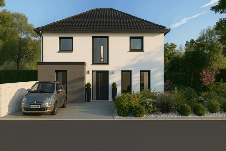 Façade avant d’une maison familiale à étage avec garage intégré et jardin paysager