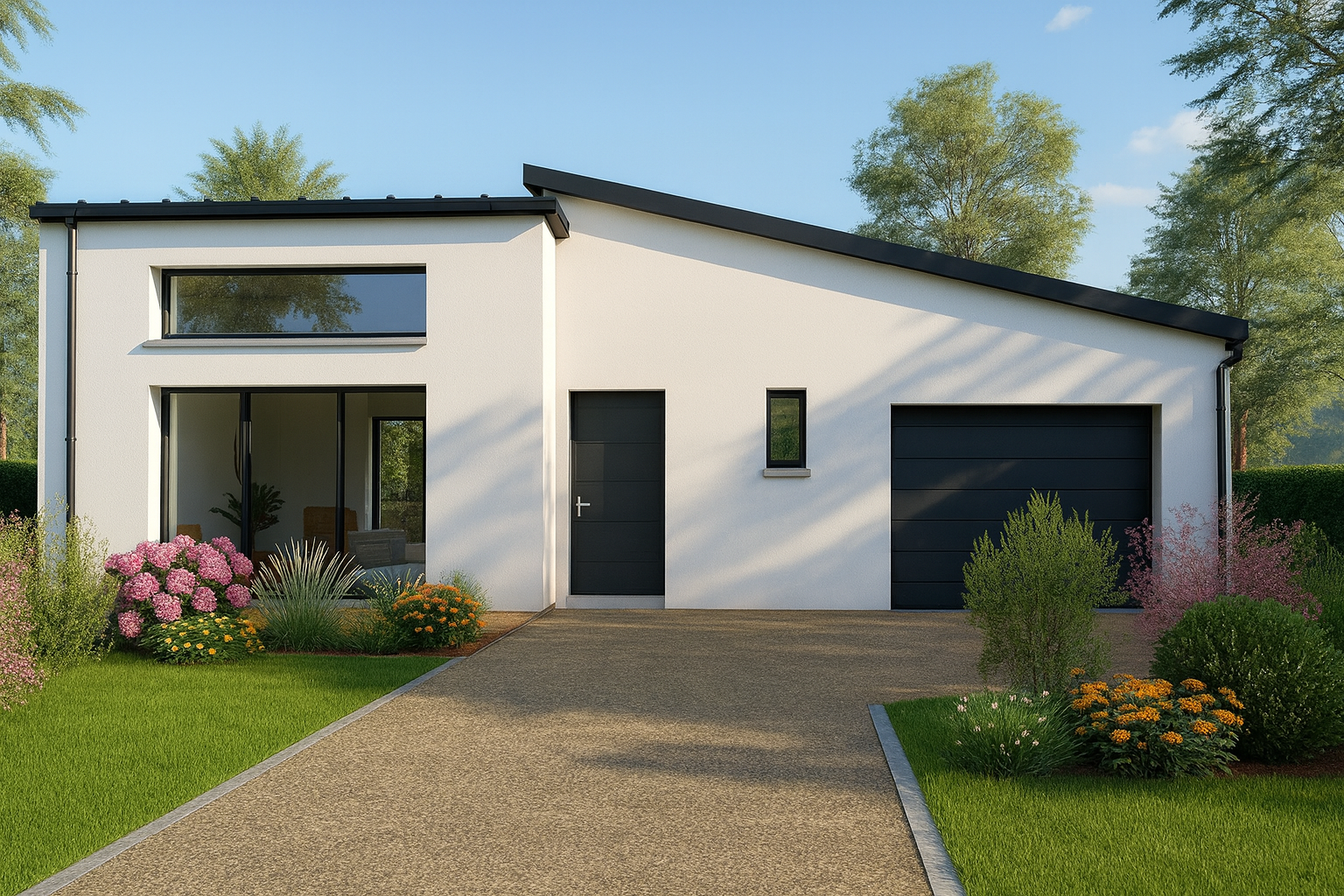 Maison de plain-pied avec façade blanche, toiture plate, garage attenant et allée pavée entourée de massifs fleuris.