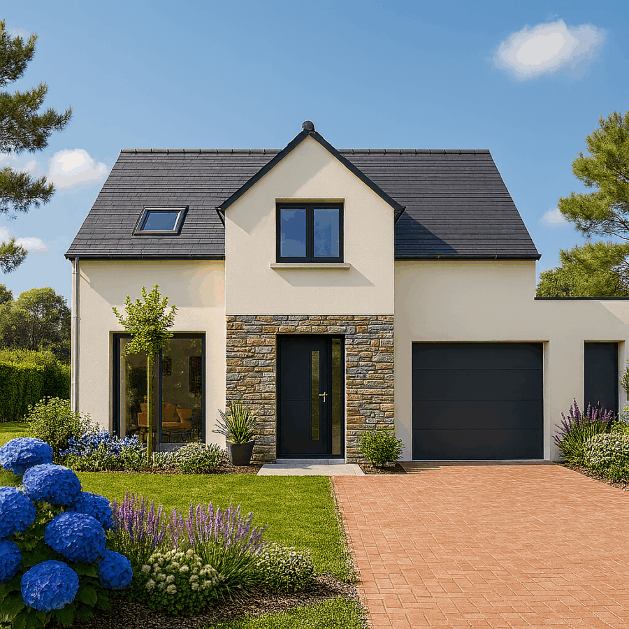 Façade avant d’une maison parement en pierre avec toit en ardoise et garage intégré