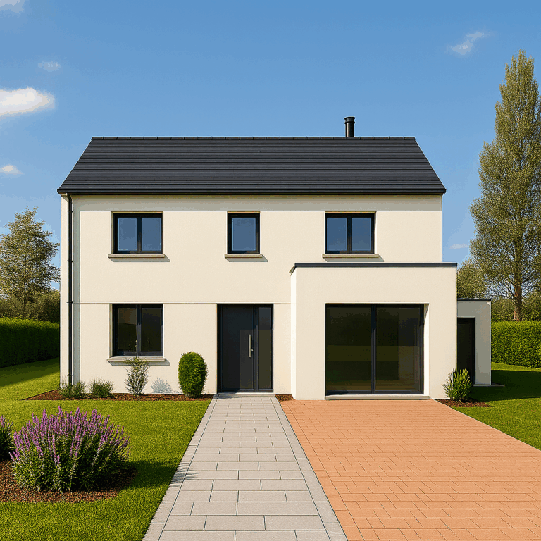 Façade avant d’une maison traditionnelle à étage avec toit en ardoise et entrée centrale