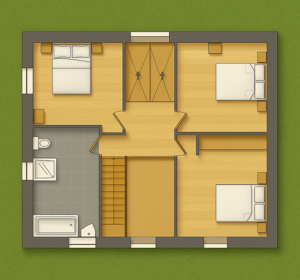 Plan 3D de l’étage d’une maison familiale à étage avec trois chambres et une salle de bain
