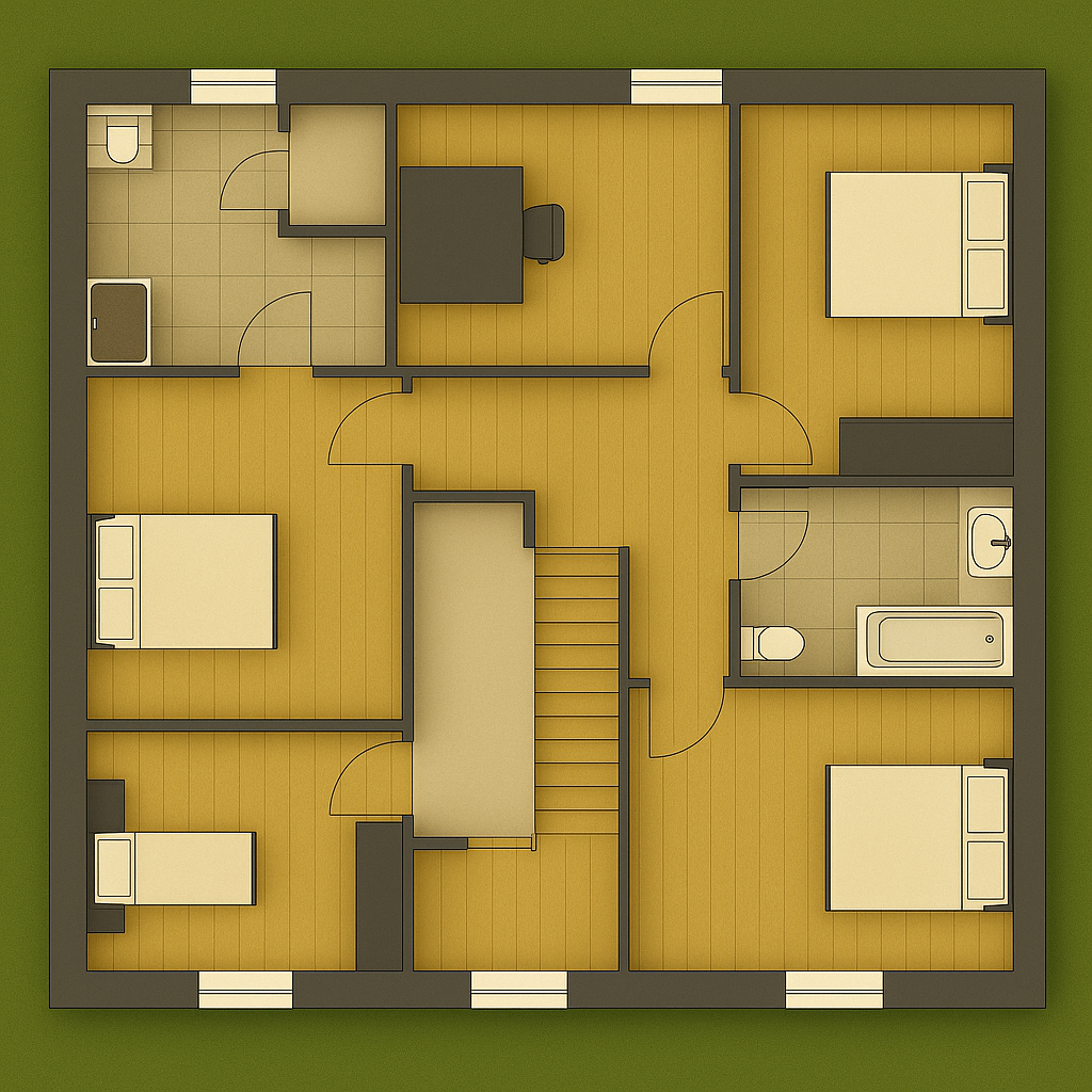 Plan de l’étage d’une maison en brique à étage contemporaine avec trois chambres, salle de bains et palier central