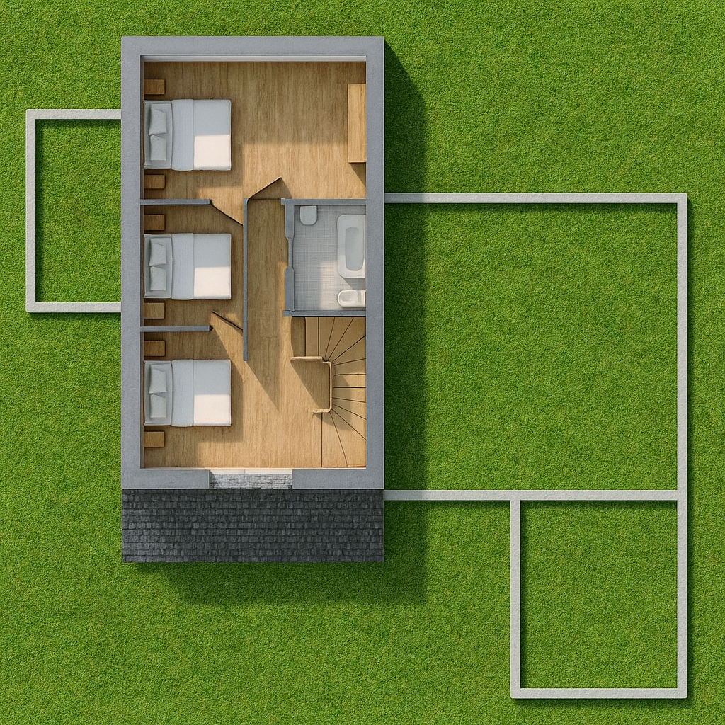 Plan 3D de l’étage d’une maison parement en pierre avec trois chambres et une salle de bain