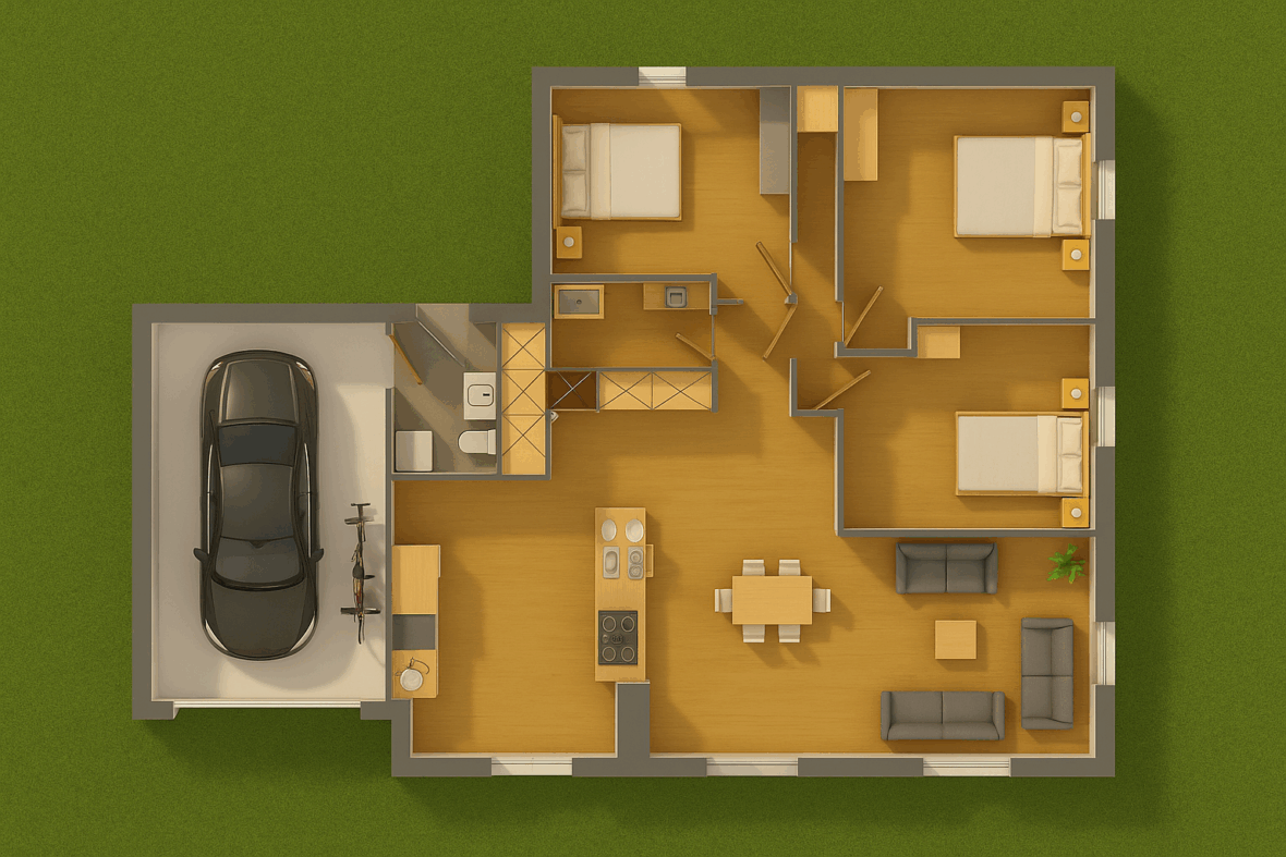 Plan d’une maison de plain-pied avec garage accolé, séjour central, cuisine ouverte et trois chambres
