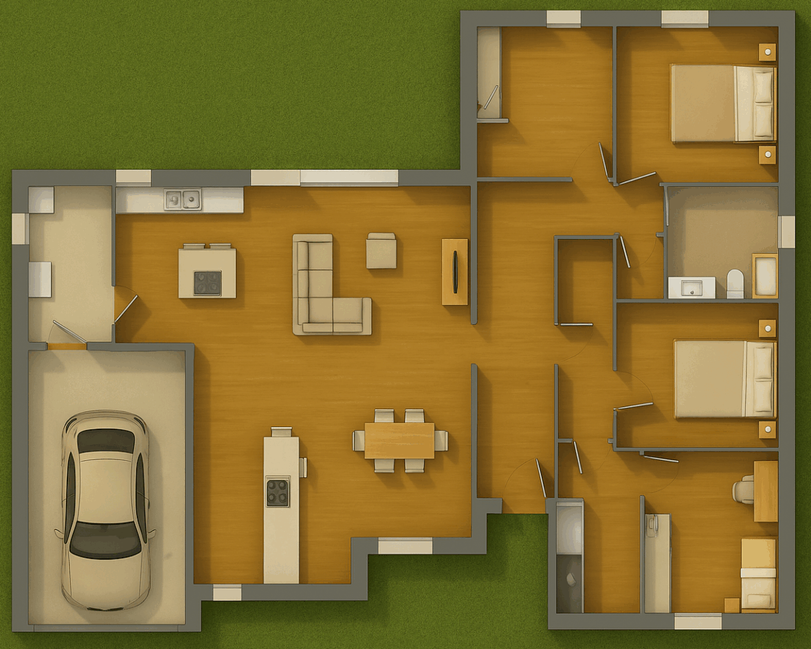 Plan intérieur d’une maison en brique de plain-pied avec garage accolé, séjour lumineux et trois chambres