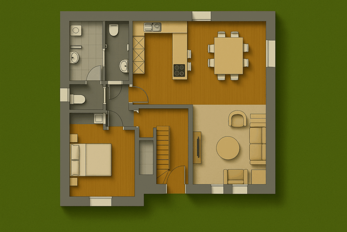 Plan 3D du rez-de-chaussée d’une maison familiale à étage avec séjour lumineux, cuisine ouverte et chambres