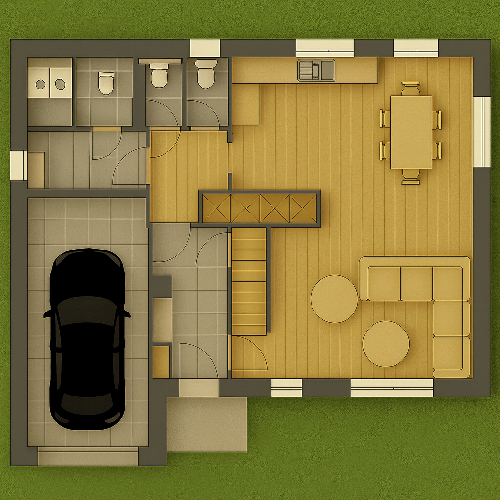 Plan du rez-de-chaussée d’une maison en brique à étage contemporaine avec garage accolé, séjour ouvert et cuisine