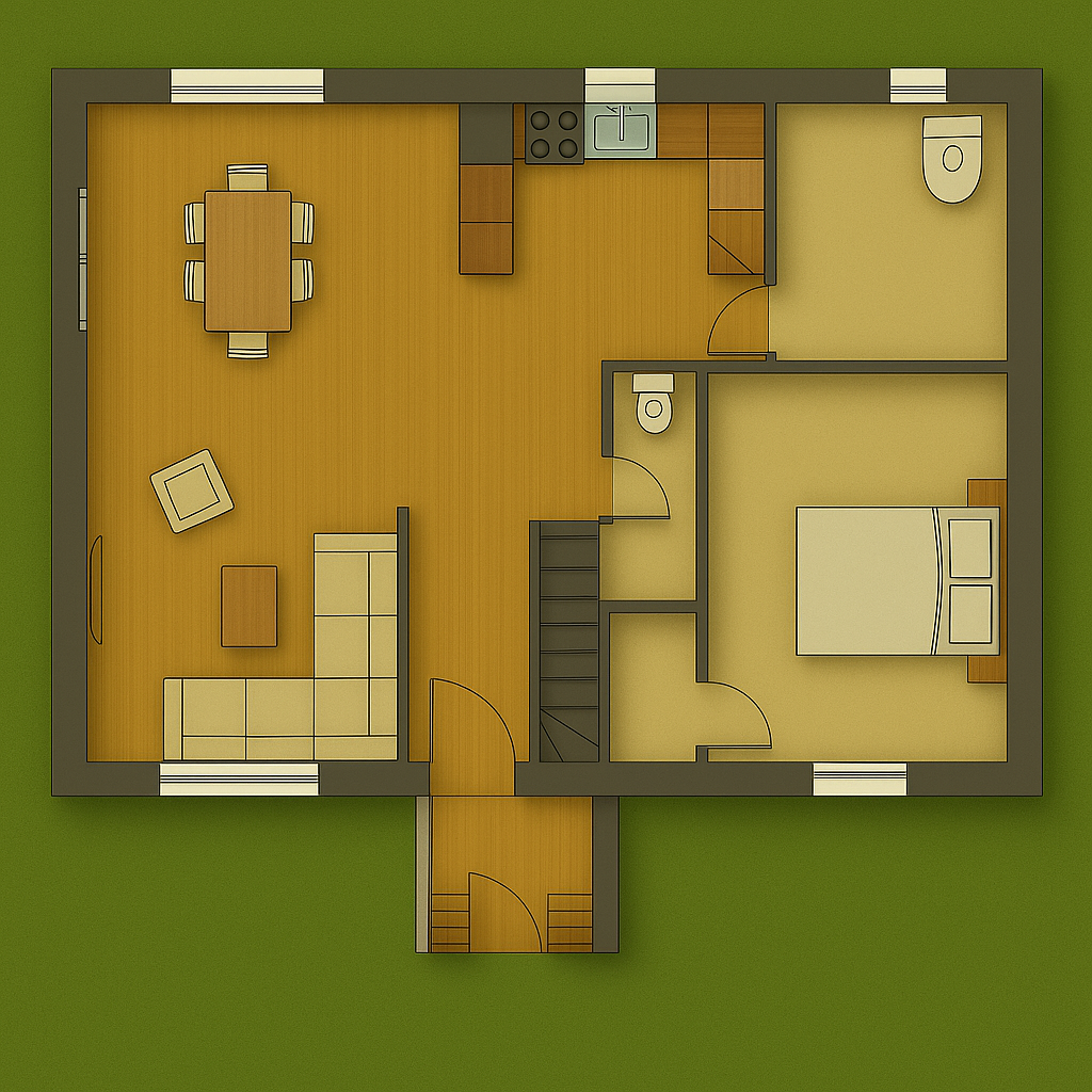 Plan du rez-de-chaussée d’une maison familiale avec séjour central, cuisine ouverte, deux chambres et salle d’eau