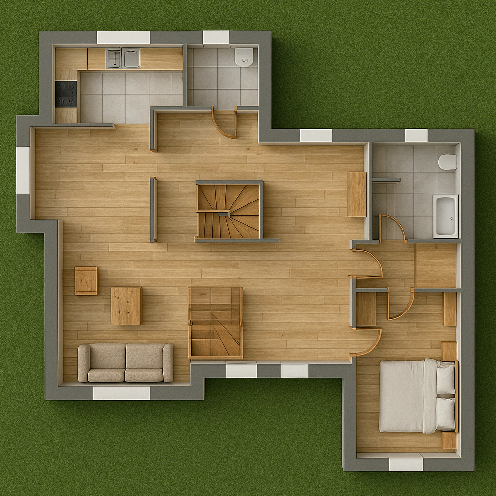 Plan 3D du rez-de-chaussée d’une maison parement en pierre avec séjour ouvert, cuisine, chambre et salle de bain