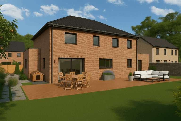 Maison en brique à étage avec terrasse et grandes baies vitrées