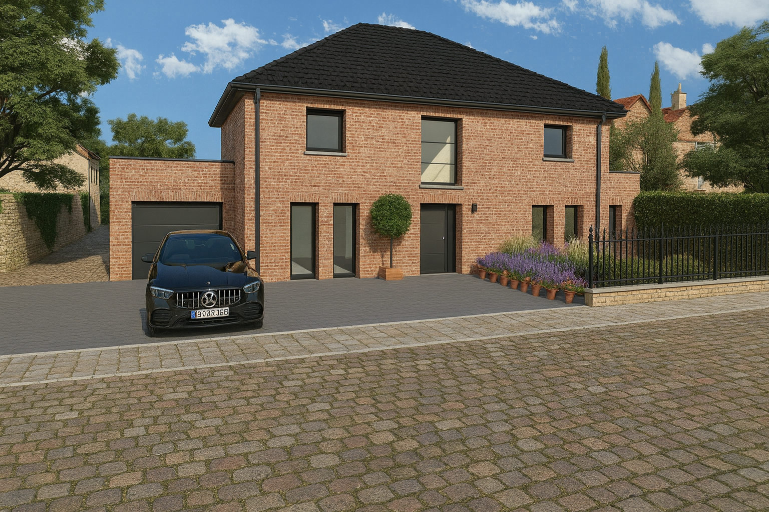 Maison en brique à étage avec garage accolé et grandes baies vitrées