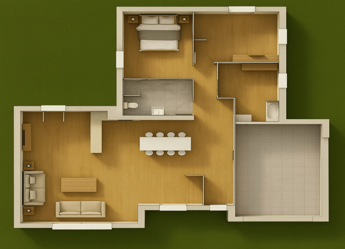 Plan 3D d’une maison plain-pied avec cuisine ouverte, séjour, chambre, salle de bain et terrasse attenante.