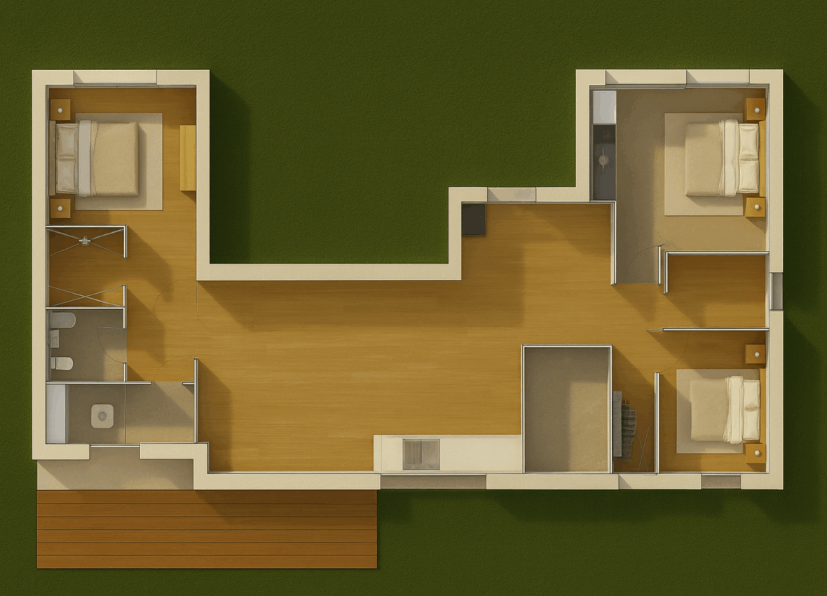 Plan 3D de maison, plain-pied avec séjour ouvert, trois chambres, salle de bain, espace de rangement et terrasse attenante.