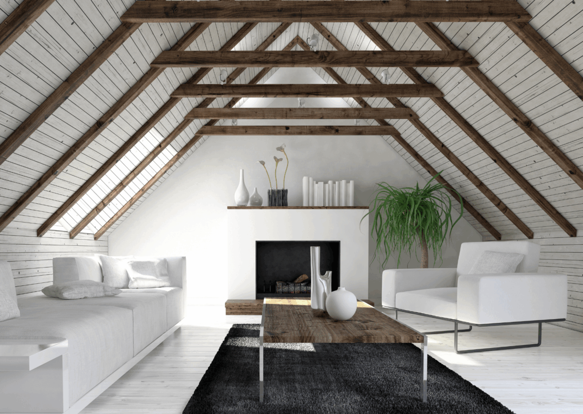 Aménagement de combles lumineux et moderne avec poutres apparentes