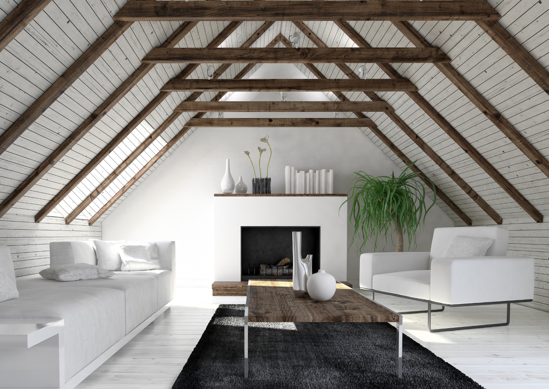 Aménagement de combles lumineux et moderne avec poutres apparentes