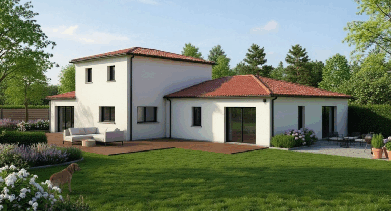 Façade arrière d’une maison contemporaine à étage avec terrasse et grand jardin