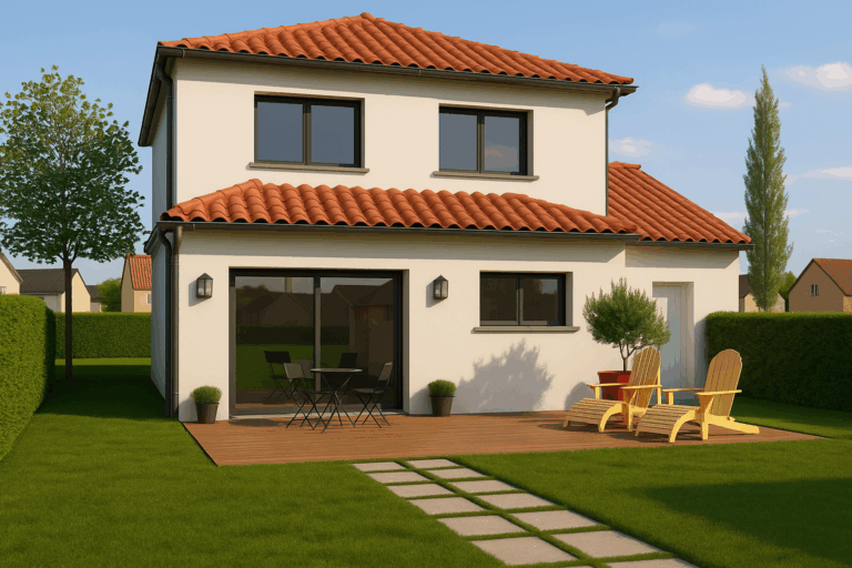 Façade arrière d’une maison contemporaine à étage avec terrasse et baies vitrées