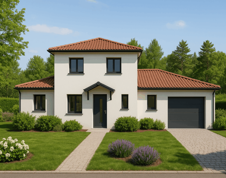 Façade avant d’une maison contemporaine à étage avec garage intégré et toiture en tuiles.