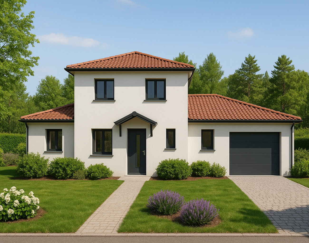 Façade avant d’une maison contemporaine à étage avec garage intégré et toiture en tuiles.