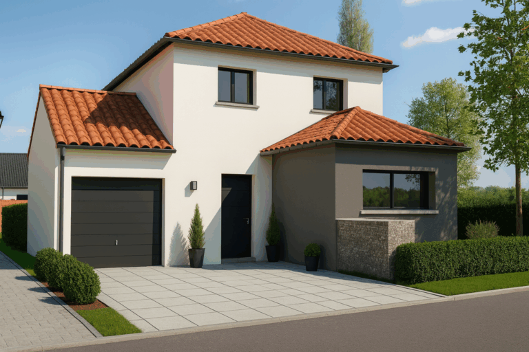 Façade avant d’une maison contemporaine à étage avec garage intégré et toiture en tuiles