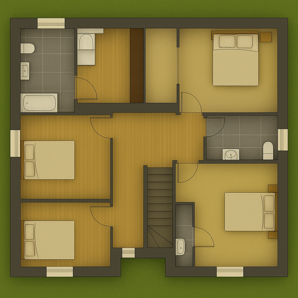 Plan 3D de l’étage d’une maison contemporaine à étage avec quatre chambres et une salle de bains familiale
