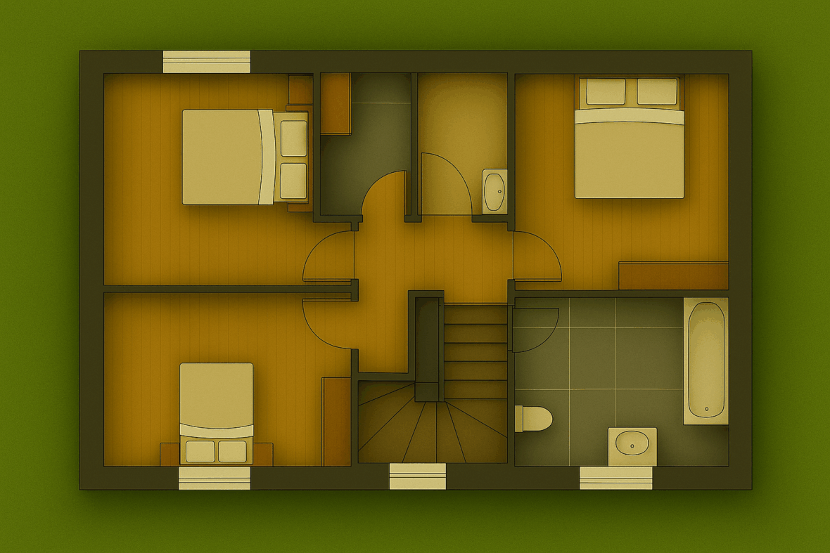Plan 3D de l’étage d’une maison contemporaine à étage avec quatre chambres et salle de bains familiale.