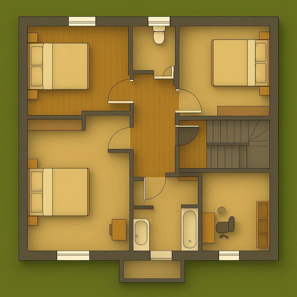 Plan de l’étage d’une maison traditionnelle à étage avec trois chambres et salle de bain