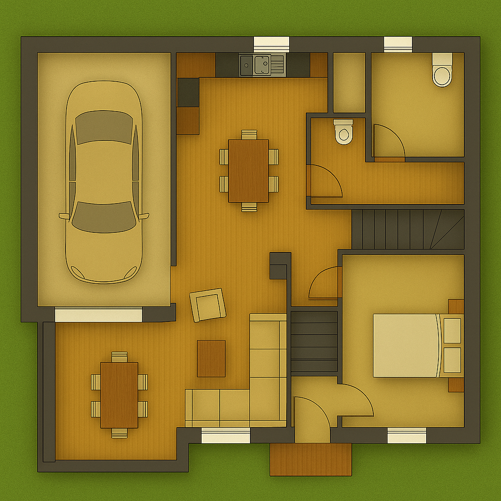 Plan 3D du rez-de-chaussée d’une maison contemporaine à étage avec séjour traversant, cuisine ouverte et garage accolé