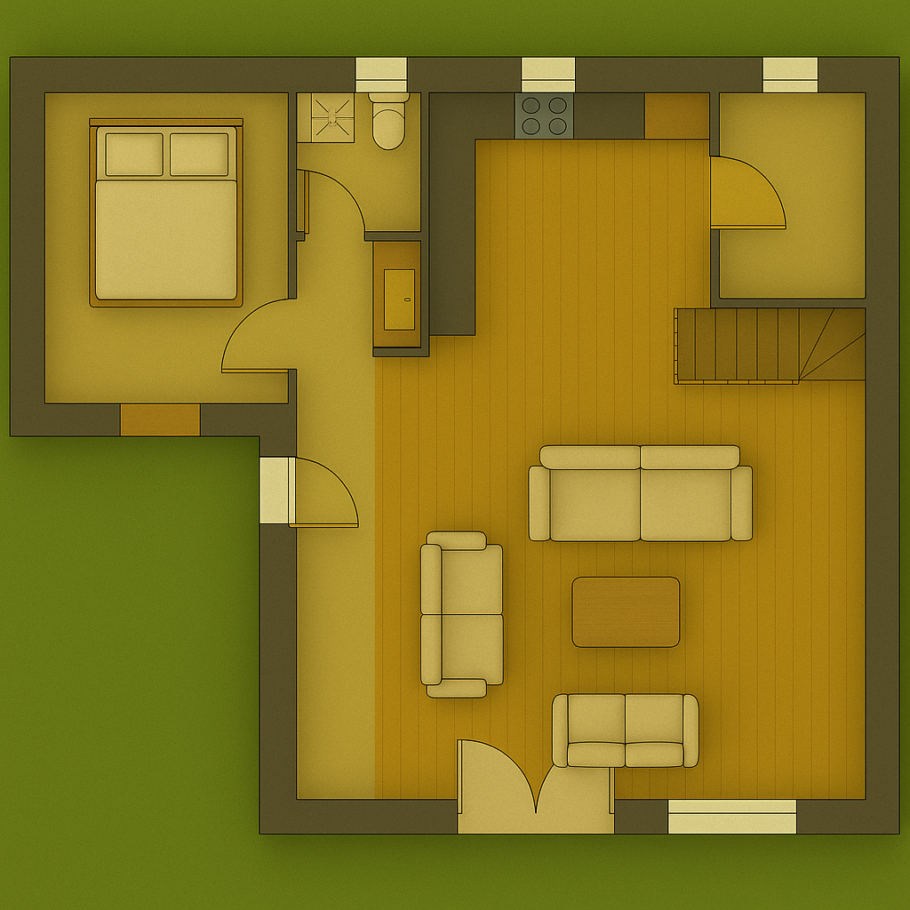Plan du rez-de-chaussée d’une maison traditionnelle à étage avec séjour et cuisine ouverte
