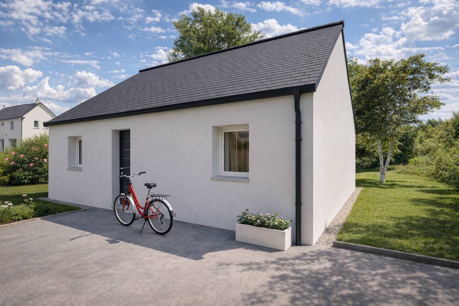 Façade maison plain-pied PP01-2 enduit blanc toit ardoise double pente