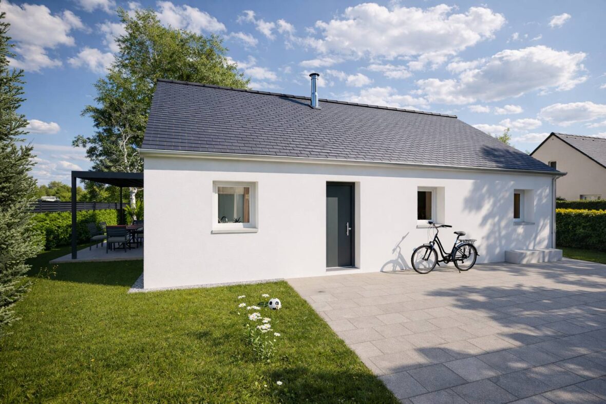 Façade maison PP03-4 vue trois-quarts avec pergola et jardin aménagé