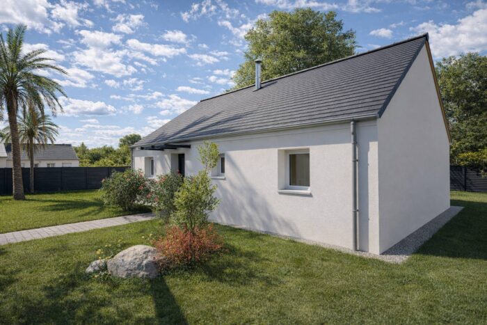 Façade latérale maison plain-pied PP02-3 enduit blanc toit ardoise et jardin