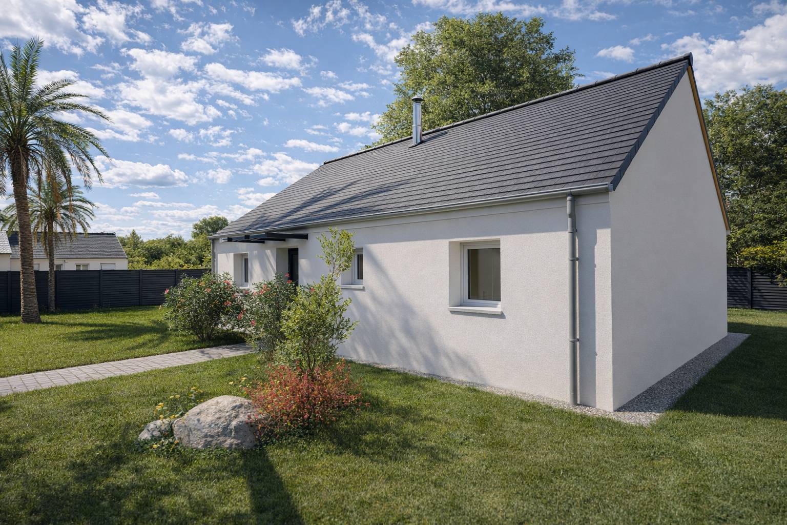 Façade latérale maison plain-pied PP02-3 enduit blanc toit ardoise et jardin