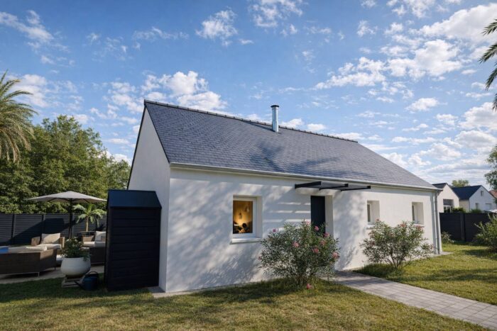 Façade maison PP02-3 vue trois-quarts avec jardin aménagé et abri de jardin