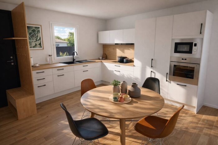 Cuisine ouverte maison PP02-3 plan de travail bois et coin repas convivial