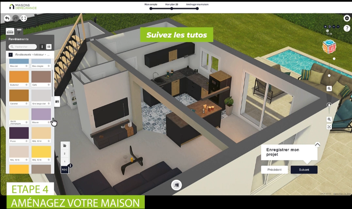 Configurateur 3D Maisons Demeurance – étape 4 : aménagement intérieur avec choix des revêtements de sol et de mur