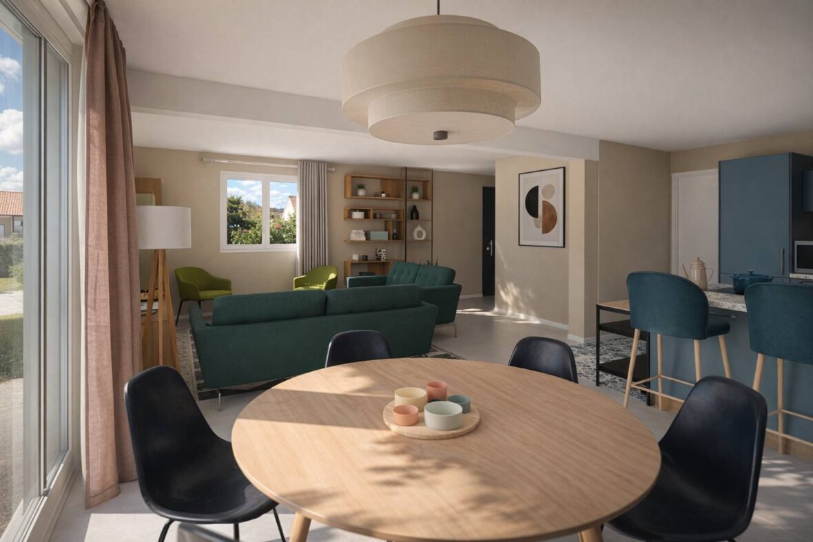 Pièce de vie lumineuse de la maison E-101-3-GA avec séjour, salle à manger et accès jardin
